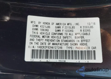 2017 Honda Accord Ex-L from USA, damaged, VIN 1HGCR2F92HA127246